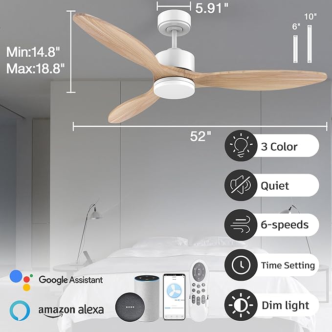 52 Inch Smart Wood Ceiling Fans with light and Remote,Quiet DC Motor,Dimmable,Control with Alexa Google Voice App WIFI,Outdoor Indoor Modern Ceiling Fan for Bedroom Patio