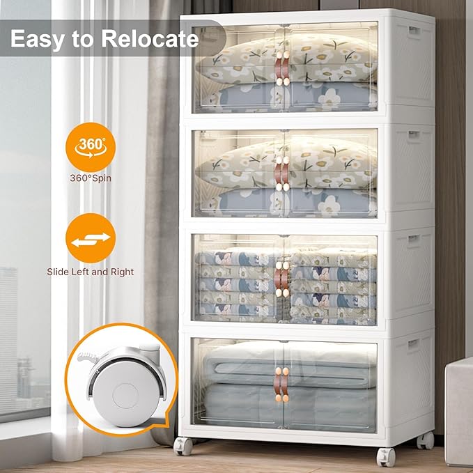 Extra Large Stackable Storage Bins with Lids & Wheels & Door, 960QT-160QT/40GAL*6Pack Foldable Collapsible Closet Organizers, Plastic containers drawers for bedroom Dorm