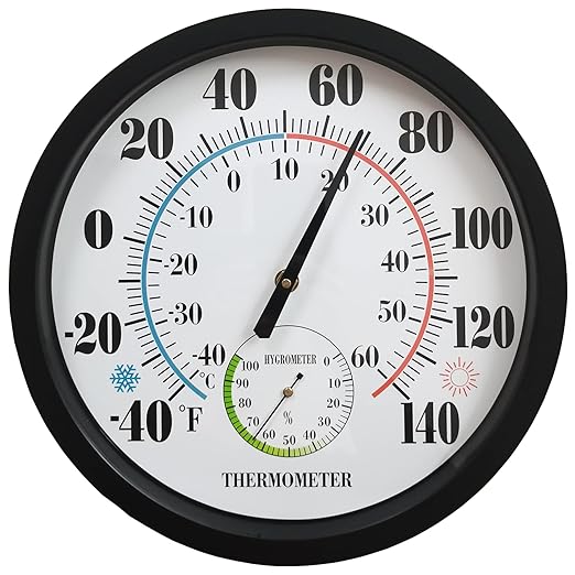 Indoor Outdoor Thermometer Large Numbers 12 Inch Wall Weather Thermometer Hanging Garden Decor Hygrometer No Battery Needed (Black)