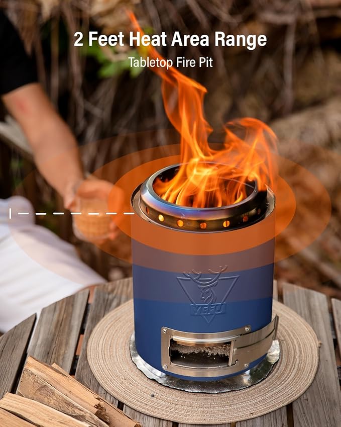 YEFU Tabletop Fire Pit 9.7 x 7.1 in, Flame Intensity Control Camping Stove for Outdoor & Patio, Fueled by Pellets or Wood, Safe Burning Table Top Firepit, with Travel Bag & 2 Mini Sticks, Blue