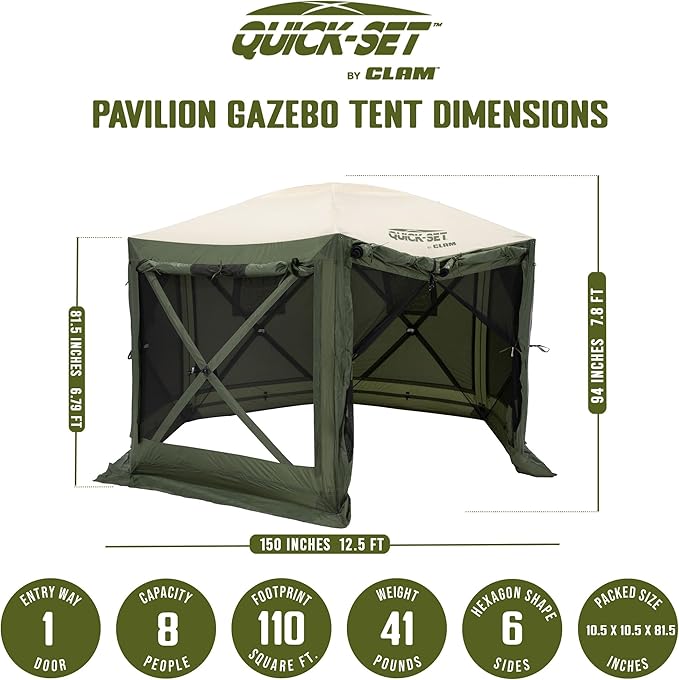 CLAM Pop Up Screen Tent, Outdoor Camping Gazebo Canopy, Pavilion, 12.5', Green/Tan - Heavy-Duty Portable Screened Shelter with Netting for Beach, Patio, and Backyard