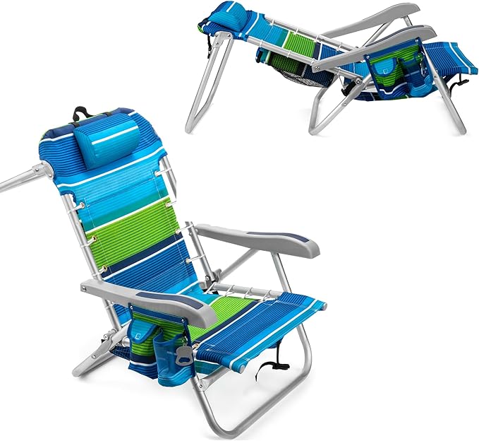 Homevative Backpack Fold-Up Beach Chair, 5 Positions, Towel bar, Cooler, Storage Pouch, Cup Holder and Phone Pocket