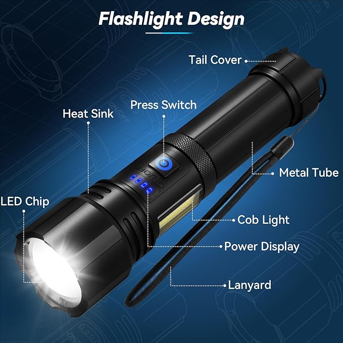 Rechargeable Flashlight, High Lumens Super Bright Flash Light, 7 Modes with COB Work Light, IPX6 Waterproof, Powerful Handheld LED Flashlights for Home Camping Hiking