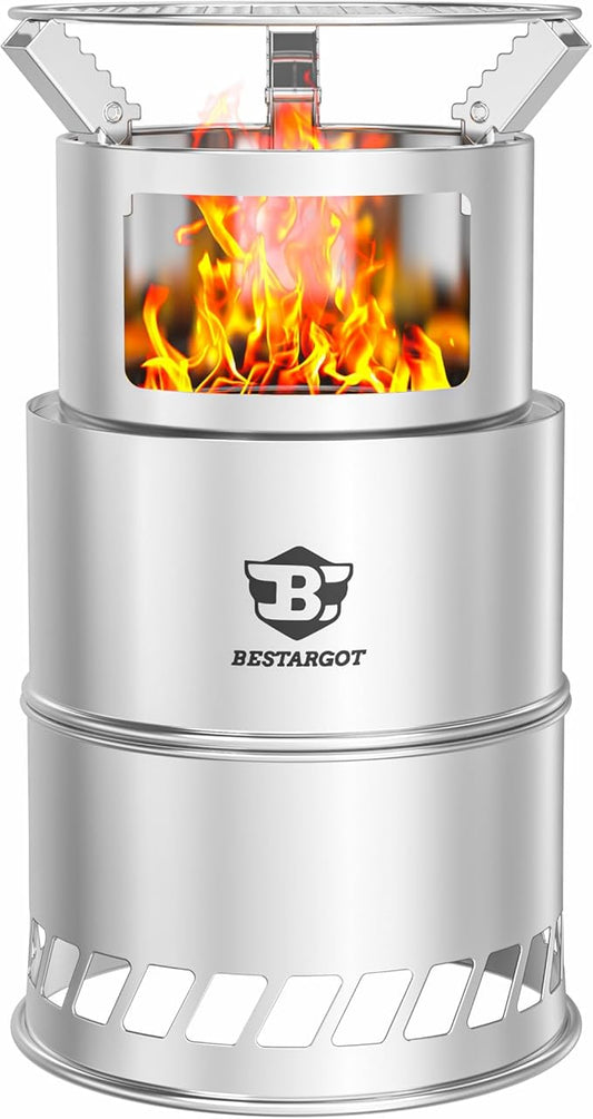 Bestargot Camping Wood Stove, Extra Large, Portable Smokeless Fire Pit, Stainless Steel, Windproof & Stackable Gas Burner for Camping, Hiking, Fishing, Hunting, Survival Stove