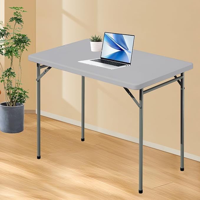Folding Table 3ft Rectangular All-Occasion Plastic Folding Event Table for Indoor and Outdoor, Portable Desk, Camping, Durable and Stable, HDPE and Steel, Wide Application, Grey