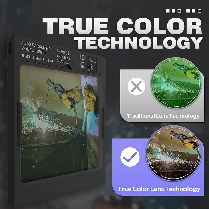 3.93"X3.66" Auto Darkening Welding Helmet with Light, 1/1/1/1 Top Optical Clarity, 4 Arc Sensor Wide Shade 4/5-9/9-13 for TIG MIG STICK CUT Welding Hood Welder Mask