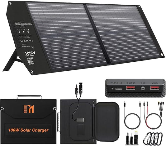 100W Portable Foldable Solar Panel Charger for Power Station Solar Generator with Kickstand 24V MC4 DC QC3.0 USB A PD3.0 USB C Output Fast Charging for Outdoor Camping RV Trip Off The Grid Living