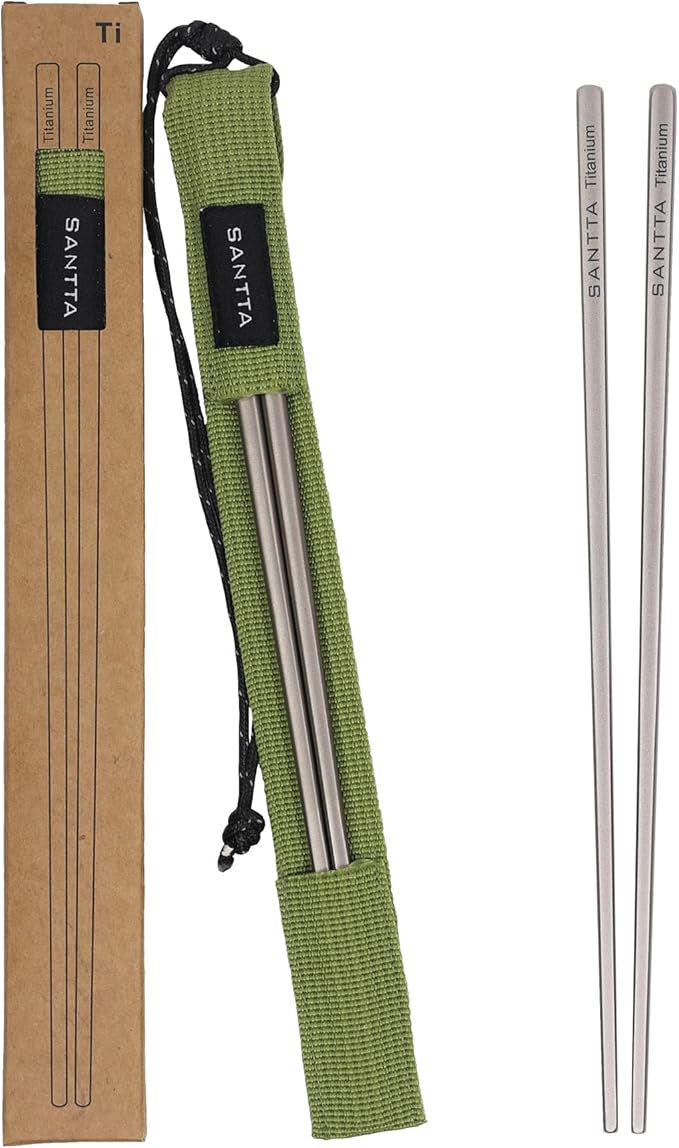 SANTTA Titanium Chopsticks with Travel Case - Ultralight and Reusable Chopsticks for Camping | 1 Pair Comes with Green Case