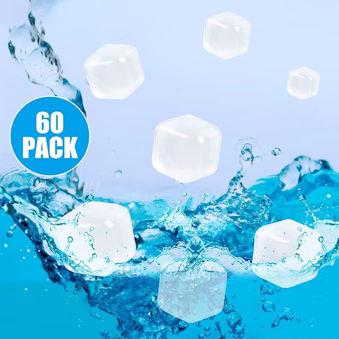 60 Pack Reusable Ice Cubes for Drinks, Refreezable Plastic Ice Cubes Without Diluting, Permanent Ice Cube Frozen BPA Free, Cocktails Like Whiskey, Wine, or Coffee (Transparent)