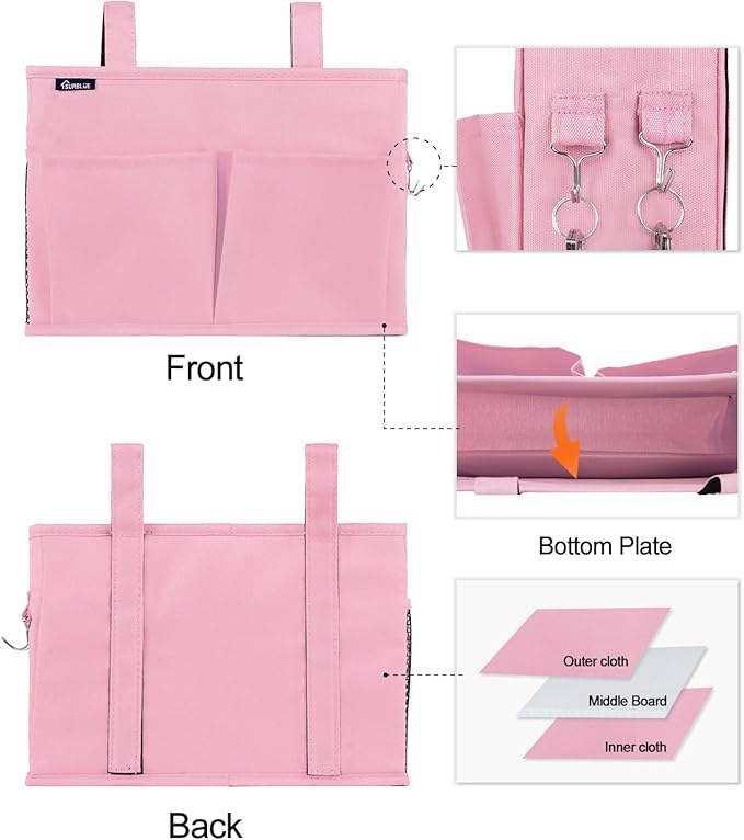 Surblue Caddy Hanging Organizer Bedside Storage Bag for Bunk and Hospital Beds, Pink, Small