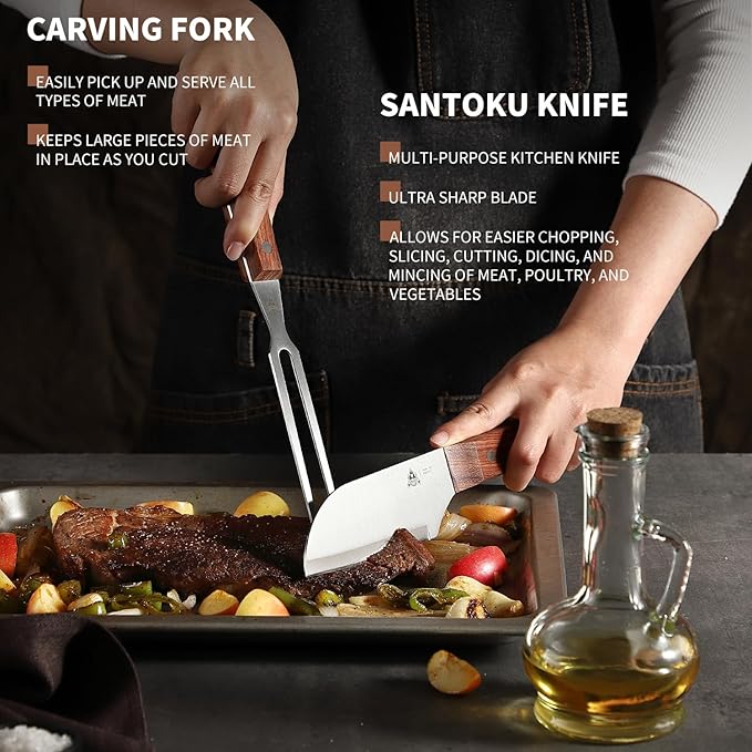 GRILLGEN 6-Piece Professional Griddle Accessories Kit for Griddle Cooking, Premium Rosewood Handles Spatulas Set with Scraper, Santoku Knife, Carving Fork, Storage Bag, Flat Top Grill Accessories