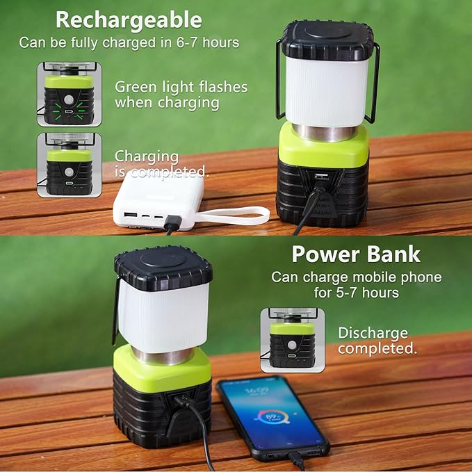 2PCS 6500K White Light LED Camping Lantern Rechargeable 1000LM, 4500mAh Power Bank, Flashlight for Hurricane Emergency, Hiking, IP44 Waterproof Lantern(Green)