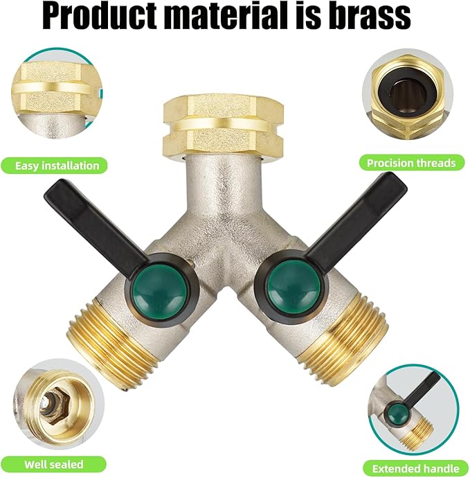 EJW Y-Valve Garden Hose Faucet Splitter, 3/4” GHT Threads,Outdoor Faucet Splitter, Brass High Flow, Garden Hose Y-Splitter 2-Way,Y-Valve Full Flow Hose Splitter,Garden Hose Splitter 2-Way Heavy Duty.