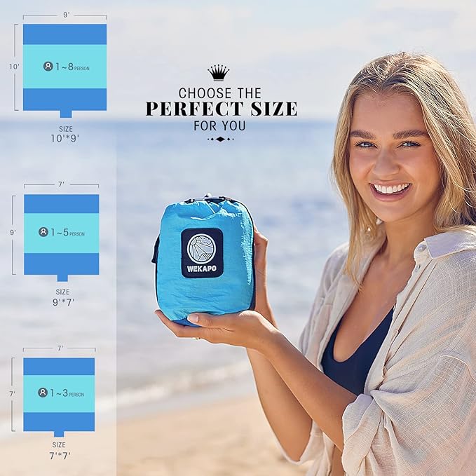 WEKAPO Beach Blanket Sandproof Waterproof, Extra Large Beach Mat, Oversized & Compact Sand Free Mat Quick Drying, Lightweight & Durable with 6 Stakes & 4 Corner Pockets