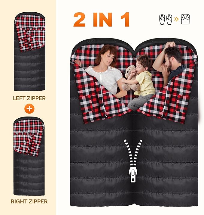 Flannel Sleeping Bag Cotton 0 Degree Cold Weather for Adults XXL Sleeping Bag 4 Season Big and Tall with Compression Sack