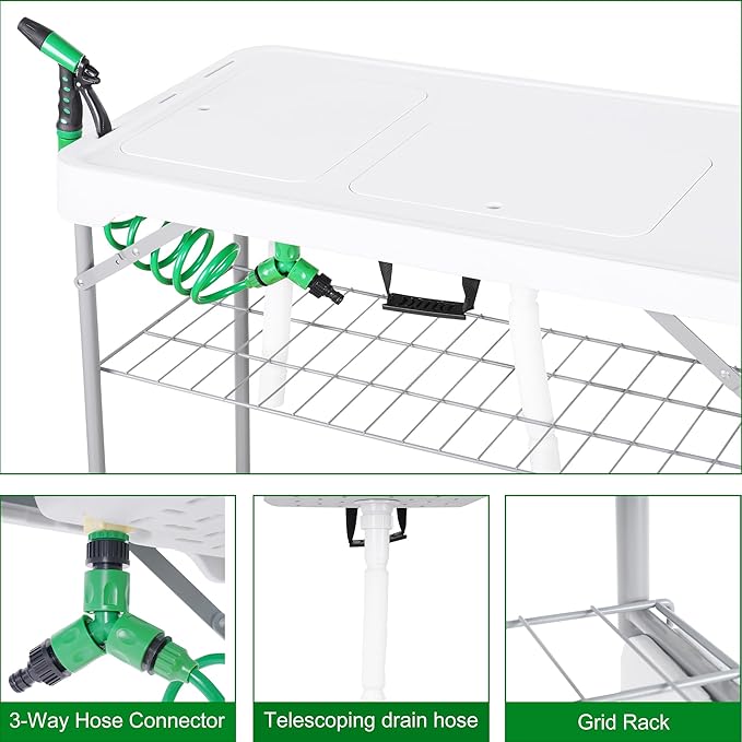 Allpop Fish Cleaning Table with 2 Sinks & Grid Rack, 42.5'' Portable Folding Camping Fish Station with Foldable Faucet, Drainage Hose, Sprayer, Storage Box, Drawer & Grooves for Picnic, White
