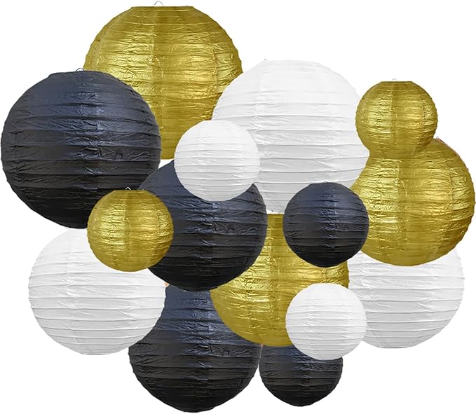 BEISHIDA 16 Pcs Black Gold Paper Lanterns,Hanging Decorative Chinese Japanese Round Paper Lantern Lamp for Wedding Graduation Anniversary Birthday Party Decoration