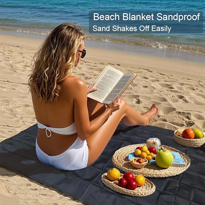 Outdoor Pocket Blanket, 55"x79" Waterproof Foldable Compact Pincic Blanket, Ultralight Tarp for Camping, Festival, Beach, Hiking, Backpacking, Travel and More, Stakes Included