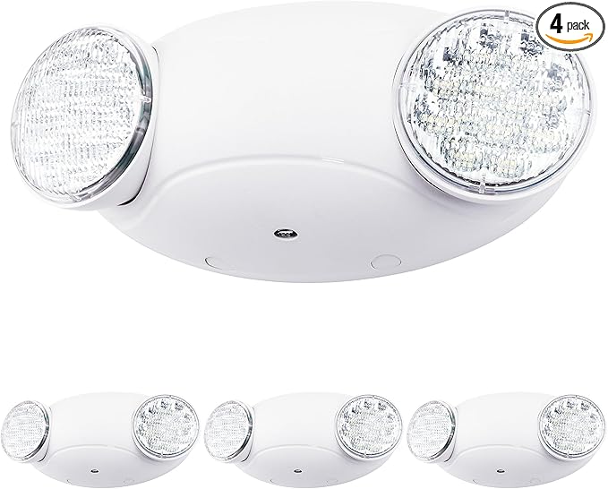 LIT-PaTH LED Emergency Lighting Fixtures with 2 LED Bug Eye Heads and Back Up Batteries- US Standard Exit Light, UL 924 and CEC Qualified, 120/277 Voltage, White, 4-Pack