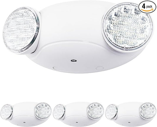 LIT-PaTH LED Emergency Lighting Fixtures with 2 LED Bug Eye Heads and Back Up Batteries- US Standard Exit Light, UL 924 and CEC Qualified, 120/277 Voltage, White, 4-Pack