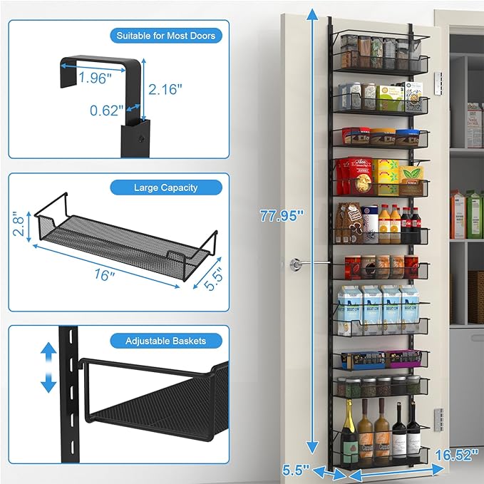 Over the Door Organizer, 10-Tier with Adjustable Bins - Kitchen Storage, Black
