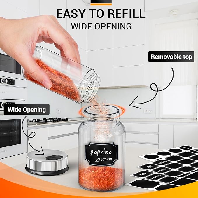 Segarty Glass Spice Jars, 3 Pack 5oz Spice Jars with Label, Empty Spice Containers with Shaker Lids, Seasoning Bottles with 136 Stickers, 1 Marker Pen and 1 Brush, Salt Pepper Shakers Set