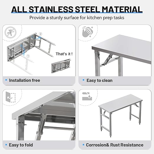 Folding Stainless Steel Table with Adjustable Table Corners and Lower Removable Shelf 20X45 Inches for Outdoor Camping, Maintenance Room, Storage, Kitchen (Without undershelf)