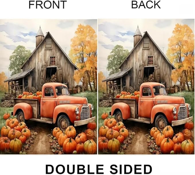 Fall Garden Flags 12x18 Double Sided, Truck Pumpkin Yard Flags for Outside, Small Yard Flags Decorations for Home Outdoor Decorations