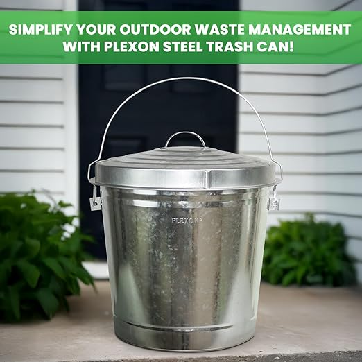 Plexon Silver 10 Gallon Trash Can with Lid Galvanized Steel Stylish Metal Trash Bin Outdoor for Kitchen, Patio, and Camping