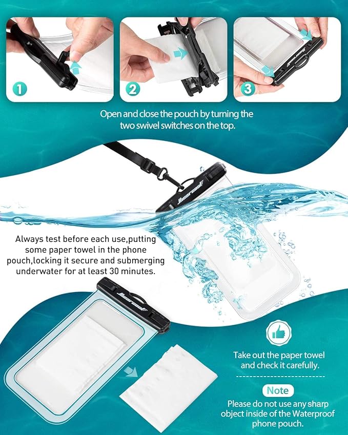 Hiearcool Waterproof Phone Pouch, Waterproof Phone Case, IPX8 Cellphone Dry Bag Compatible for iPhone 16 15 14 13 Pro Max Plus Cellphone Up to 8.3", Beach Essentials for Travel-Clear-4Pack