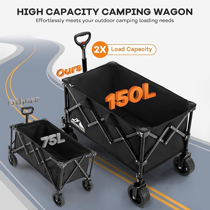 150L Wagon Cart Foldable, Heavy Duty Collapsible Utility Wagon with 220lbs Capacity, All-Terrain Beach Wheels, Portable Garden Cart for Camping, Sports, Outdoor, Shopping, Black