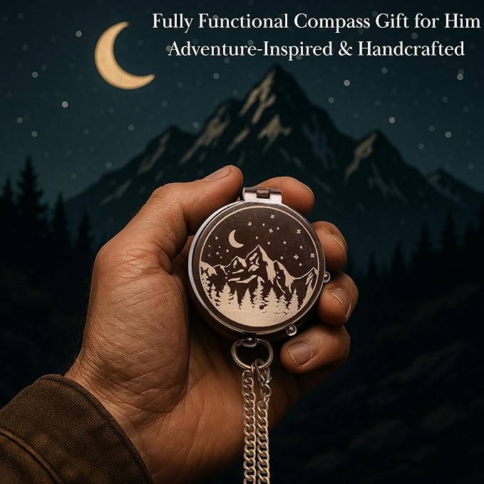 Engraved Compass Gift for Men – Vintage Brass Pocket Compass for Hiking, Adventure, and Travel – Antique Finish with Leather Case – Moon & Stars, or Road Design – Gift for Dad, Husband, or Son