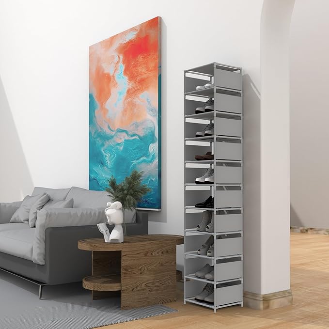 Vertical Shoe Rack, 10 Tier Grey Narrow Shoe Organizer for Closet Entryway, Tall Slim Shoe Tower for Small Spaces, Space Saving Corner Shoe Shelf