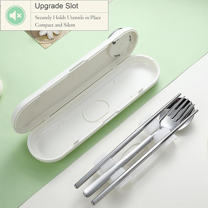 DEVICO Travel Utensils with Case Cute, Reusable Silverware for Lunch, Portable Cutlery Set, 18/8 Stainless Steel Fork Spoon Chopsticks in Cartoon Case, Dishwasher Safe (White)