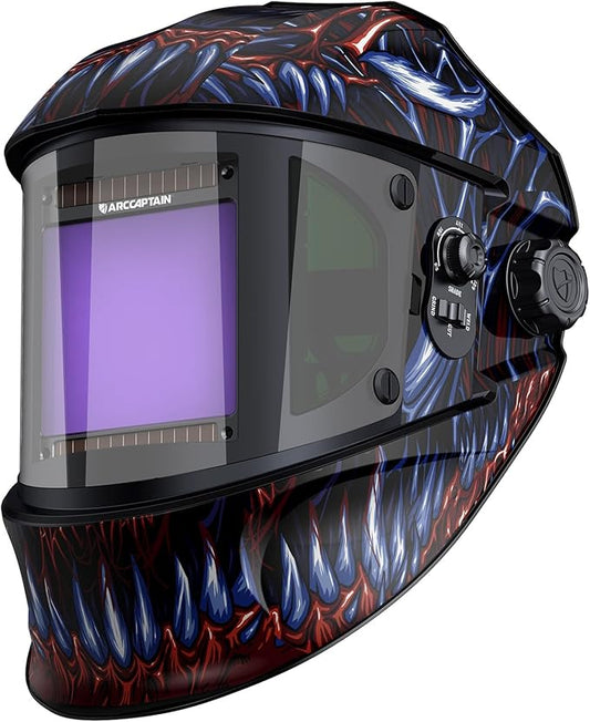 ARCCAPTAIN Auto Darkening Welding Helmet with Side View, 180° Panoramic View, 1/1/1/1 True Color Large Viewing Welding Hood with 4 Arc Sensor Solar Powered, Wide Shade 4/5-9/9-13 for TIG MIG ARC Cut