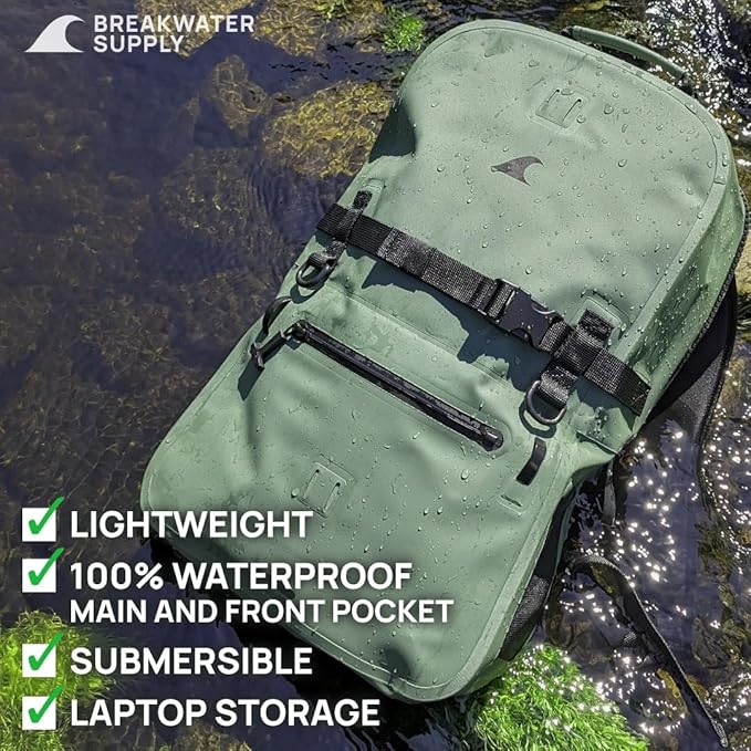 Breakwater Supply™ Waterproof IP68 Submersible Backpack with Airtight Zippers | Laptop Travel Outdoors | Fogland 25L 20L 15L
