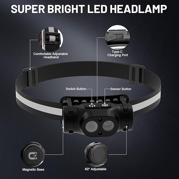 High Lumens Rechargeable Magnetic LED Headlamp for Camping, Hiking, Caving, Fishing, Waterproof Impact-Resistant Bright Head Light with 4 Light Modes, Adjustable Headstrap (6 Pack Magnetic Headlamp)