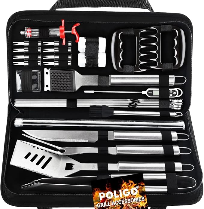 POLIGO 28PC Exclusive BBQ Grill Accessories in Carrying Bag for Birthday Fathers Day Grilling Gift - Premium Grill Utensils Set with Barbecue Claws, Meat Injector, Thermometer for Smoker, Camping BBQ