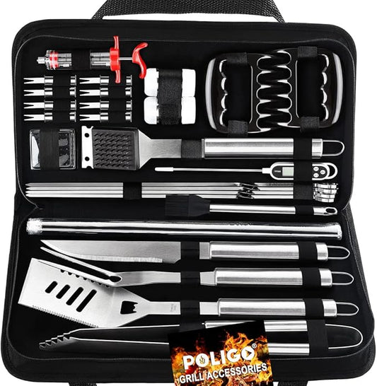 POLIGO 28PC Exclusive BBQ Grill Accessories in Carrying Bag for Birthday Fathers Day Grilling Gift - Premium Grill Utensils Set with Barbecue Claws, Meat Injector, Thermometer for Smoker, Camping BBQ