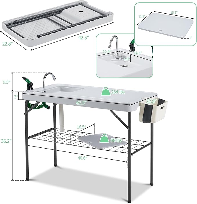 Dragosum Outdoor Sink Fish Cleaning Table Portable Camping Table with Faucet Hose Hook Up Grid Rack, Fish Fillet Camping Sink Table, Fish Cleaning Kit for Picnic Beach Patio