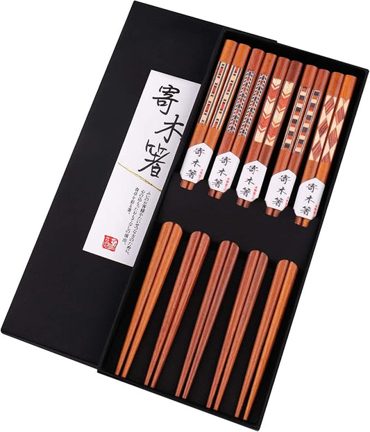 GLAMFIELDS Reusable Chopsticks Japanese Natural Wooden 5 Pairs Classic Style Lightweight Safe Chop Sticks 8.8 Inch/22.5cm Gift Set