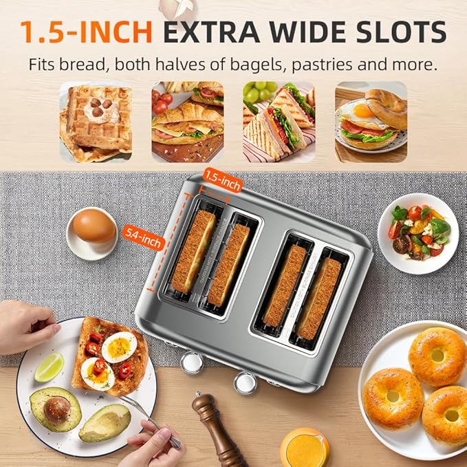Grey Toaster 4 Slice, Dual Independent Controls, Extra Wide Slot Toasters for Bagel, Bread, Waffles, 7 Shade Settings, 4 Main Functions, Removable Crumb Tray, 1500 Watts, Grey Stainless Steel
