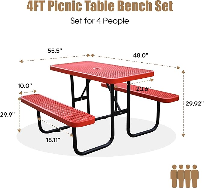 4FT Metal Picnic Tables for Outdoors, Commercial Rectangular Picnic Table and Bench Set for Outside, Patio, Garden, Backyard, Porch, Surface Mount, Red