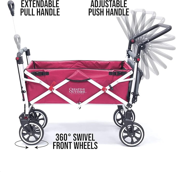 Creative Outdoor Wagon for Kids Push Pull Collapsible Stroller with Canopy Folding Cart | Titanium Series Plus | Beach, Park, Garden (Solid Pink)