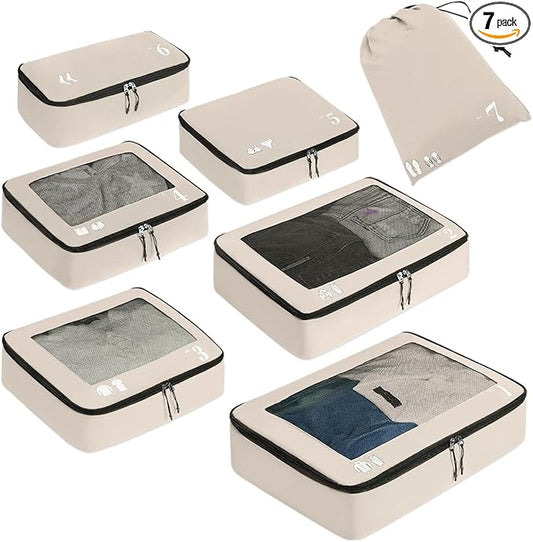 ECOHUB 7 Set Packing Cubes Tear-Resistant Luggage Packing Organizers with Number Icon for Travel Accessories Luggage Suitcase Machine Washable Packing Cubes (Beige)