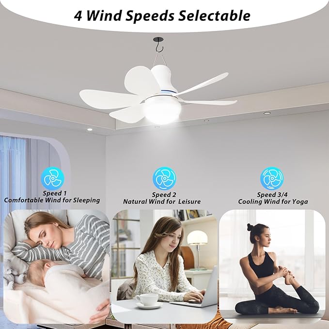 Portable USB Ceiling Fan with LED Light & Remote Control |4 Speeds,3 Light Modes,Timer |16.5 in Mini Size, 6 Detachable Blades|DC 5V Hanging Fan for Tent, RV, Camping,Patio & Home-Easy Install