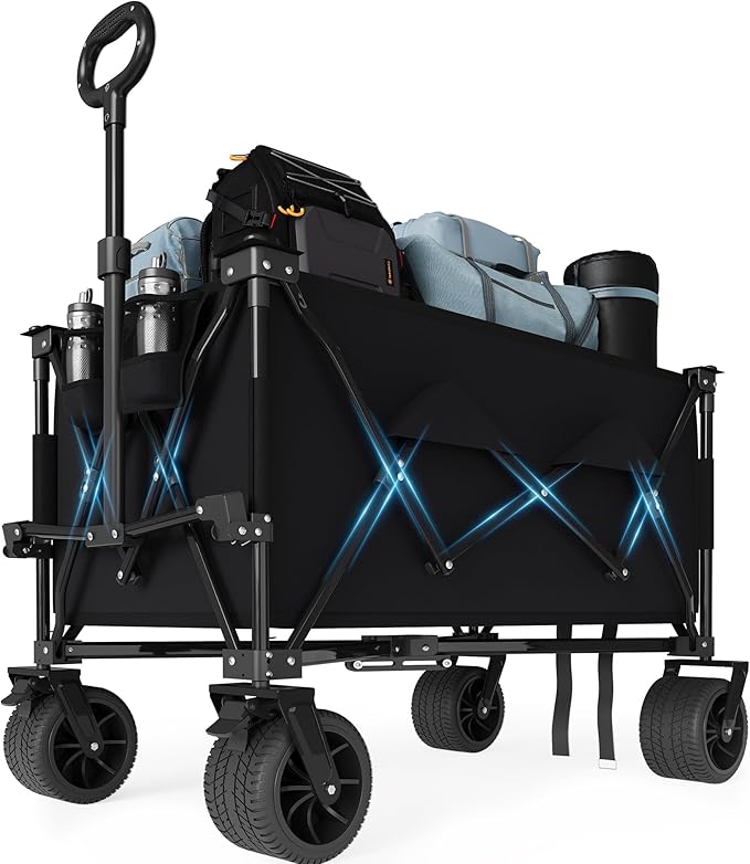 Heavy Duty Foldable Wagon for Beach, Extra Large Collapsible Foldable Wagon for Camping, All Terrain Beach Wagons Extended with Cup Holders for Sand