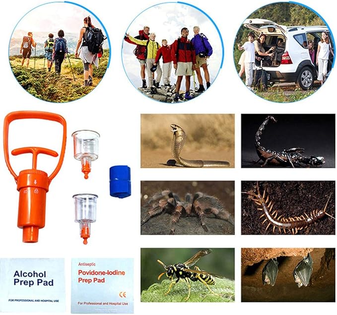 Snake Bite Kit, Bee Sting Kit, Emergency First Aid Supplies, Venom Extractor Suction Pump, Bite and Sting First Aid for Hiking, Backpacking and Camping. Includes Bonus CPR face Shield (Orange)