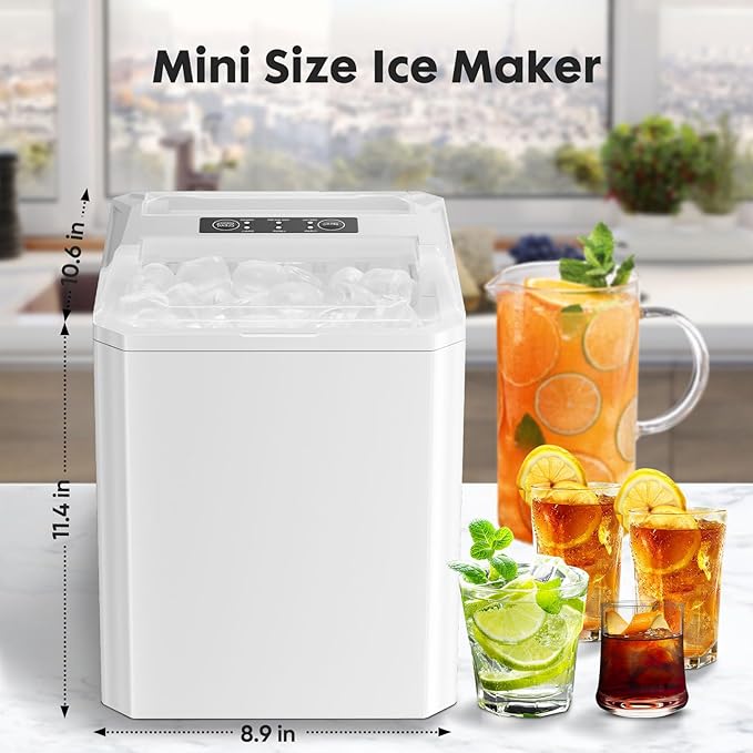 DUMOS Countertop Ice Maker, Portable 1.5L Ice Machine with Self-Cleaning, 26.5lbs/24H Fast Ice Making, 9 Bullet Ice Cubes in 6 Mins, 2 Size Options, Quiet Compact Ice Maker, White