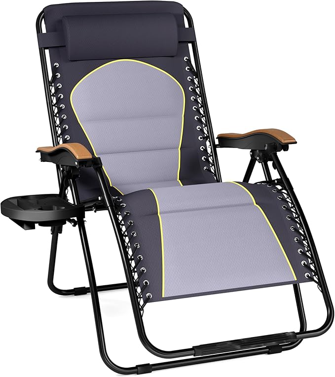 PHI VILLA XXL Oversized Padded Zero Gravity Chair, Foldable Patio Recliner, 30" Wide Seat Anti Gravity Lounger with Cup Holder, Support 400 LBS (Gray Accent)